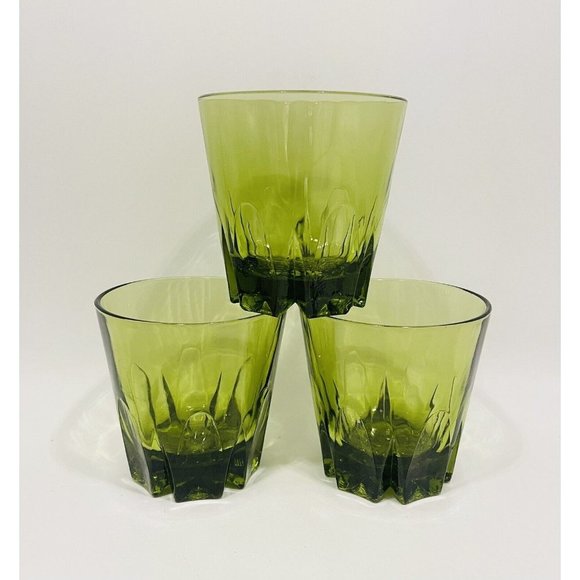 Unmarked Other - 3 Vintage Whiskey Glasses Rocks Old Fashioned Avocado Green MCM Barware Cut 6oz